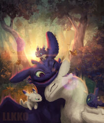 animal_focus artist_name bug bush butterfly closed_eyes cuddling dragon family forest green_eyes how_to_train_your_dragon:_the_hidden_world how_to_train_your_dragon_(series) how_to_train_your_dragon_1 insect light_fury llkko looking_at_another monarch_butterfly nature no_humans one_eye_closed outdoors toothless tree