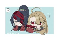 Rule 34 | 1boy, 1girl, :3, ahoge, black jacket, blonde hair, blood, don quixote (project moon), family hierarch candidate (identity) (project moon), hong lu (project moon), jacket, la manchaland (identity) (project moon), limbus company, long hair, myo (mio), open mouth, parted bangs, project moon, red eyes, sancho (project moon), stole, sweat, upper body, very long hair