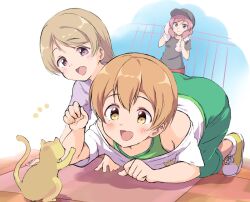 3girls all_fours animal black_hat black_shirt blush brown_hair cat closed_mouth day full_body green_pants hat hoshizora_rin koizumi_hanayo looking_at_animal love_live! love_live!_school_idol_project multiple_girls nishikino_maki on_roof open_mouth orange_hair outdoors pants purple_eyes red_hair rooftop sen_(sen0910) shirt shoes short_hair short_sleeves smile white_shirt yellow_eyes