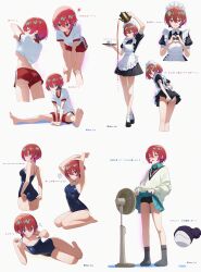 1girl 3: ? absurdres adjusting_clothes adjusting_swimsuit alternate_costume amate_yuzuriha apron aqua_eyes aqua_shirt aqua_skirt armpits arms_up arrow_(symbol) artist_name ass back back_bow bare_shoulders barefoot beanie bent_over black_hat black_necktie black_shoes black_socks blue_eyes blue_one-piece_swimsuit blush bobby_socks bow breasts cardigan closed_eyes closed_mouth clothes_lift collared_shirt commentary competition_swimsuit covering_ass covering_privates cropped_legs cropped_torso crossed_ankles crossed_legs cup edgar_syu electric_fan enmaided eyebrows_hidden_by_hair failure fanning_crotch feet flying_sweatdrops frilled_apron frills from_behind from_side full_body green_hair gundam gundam_gquuuuuux gym_shirt gym_shorts gym_uniform hair_between_eyes haro hat heart heart_hands highres holding holding_kettle holding_teapot holding_tray kettle lifting_own_clothes loafers long_sleeves looking_at_viewer looking_back lying maid maid_apron maid_headdress medium_breasts multicolored_hair multiple_views necktie on_side one-piece_swimsuit open_mouth panties panty_peek partially_translated pouring puffy_short_sleeves puffy_sleeves red_hair red_necktie red_shorts school_swimsuit school_uniform shirt shirt_lift shoes short_hair short_shorts short_sleeves shorts shorts_under_skirt sideboob simple_background sitting skirt skirt_lift smile smug socks soles speech_bubble spilling spoken_question_mark standing striped_necktie sway_back sweat sweater swimsuit teacup teapot thighs translation_request tray twitter_username two-tone_necktie underwear v-shaped_eyebrows watson_cross white_apron white_background white_bow white_panties white_shirt white_socks you&#039;re_doing_it_wrong