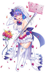 1girl :3 alternate_costume bare_shoulders blush breasts bridal_gauntlets bridal_veil bride cellphone cleavage clothing_cutout curvy dress fang flower full_body gloves hair_ornament happy highleg highleg_panties holding holding_phone large_breasts lilith-soft medium_hair multicolored_hair nail_polish naughty_face navel_cutout official_alternate_costume open_mouth panties petals phone revealing_clothes saijou_satoru selfie selfie_pose shiny_clothes shiny_skin simple_background skin_fang star-shaped_pupils star_(symbol) symbol-shaped_pupils taimanin_(series) taimanin_rpgx thighhighs thong two-tone_hair underwear v veil wedding_dress bridal_lingerie white_background wide_hips yatsushiro_momoka