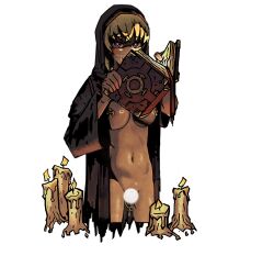 1girl abbey_npc_(darkest_dungeon) belly black_robe blonde_hair blush book breasts breasts_apart brown_eyes candle candle_wax censored commentary covered_mouth cropped_torso dark-skinned_female dark_skin darkest_dungeon english_commentary genderswap genderswap_(mtf) hands_up heart heart-shaped_pupils holding holding_book hood hood_up hooded_robe large_breasts long_hair looking_at_viewer naked_robe navel nipple_piercing nun open_clothes open_mouth open_robe piercing pink_pupils pixiv_etzh4387 pussy_piercing robe simple_background solo stomach suggestive_fluid symbol-shaped_pupils torn_clothes torn_robe transparent_background two-handed wide_sleeves