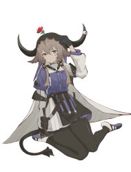 1girl absurdres arknights arm_up black_gloves black_horns black_pantyhose black_tail brown_hair cape chinese_commentary commentary crossed_bangs flower flower_on_head full_body gloves green_eyes grey_cape hair_between_eyes hair_ornament hand_on_own_head hatching_(texture) highres horns linear_hatching long_hair long_sleeves pallas_(arknights) pantyhose parted_lips red_flower red_rose rose simple_background sitting solo tail wariza white_background x_hair_ornament xigua