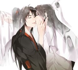 Rule 34 | 2boys, ahoge, alternate hairstyle, bishounen, black hair, black hanfu, chinese clothes, closed eyes, couple, hair tie, half updo, hand up, hands on another&#039;s cheeks, hands on another&#039;s face, hanfu, highres, imminent kiss, jujeop, korean commentary, lan wangji, long hair, long sleeves, male focus, modao zushi, multiple boys, parted lips, ponytail, red sash, robe, sash, see-through clothes, see-through veil, shared veil, sidelocks, simple background, smile, topknot, upper body, veil, veil lift, wei wuxian, white background, white hanfu, white veil, wide sleeves, xiao guan (headdress), yaoi