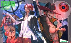 Rule 34 | 3boys, beard, beard stubble, black cape, black hair, blue hair, buggy the clown, cape, clenched teeth, commentary request, cross pendant, dracule mihawk, facial hair, hat, highres, kawo (kawo2525 ), makeup, male focus, multiple boys, mustache, one piece, pirate hat, rain, red eyes, red hair, red lips, shanks (one piece), shirt, short hair, stubble, sword, sword on back, teeth, upper body, weapon, weapon on back, white shirt