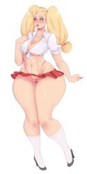 1girl abs applejack blonde_hair breasts cleavage eyeshadow freckles front-tie_shirt green_eyes high_heels highleg highleg_panties highres kneehighs large_breasts lipstick looking_to_the_side makeup mature_female microskirt my_little_pony my_little_pony:_friendship_is_magic panties parted_lips pink_panties pubic_hair simple_background skirt socks sunnysundown tagme twintails underwear wide_hips