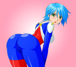 1990s_(style) 1girl allenby_beardsley ass bad_id bad_pixiv_id bent_over blue_hair blush bodysuit cameltoe female_focus g_gundam green_eyes gundam latex leaning_forward makani_kohitujito mecha_pilot_suit mobile_trace_suit open_mouth retro_artstyle short_hair skin_tight solo