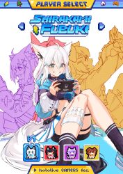 Rule 34 | 4girls, absurdres, ahoge, animal ear fluff, animal ear piercing, animal ears, aqua eyes, black hair, black ribbon, black shirt, black shorts, black socks, blue jacket, blush, braid, brown eyes, brown hair, cat ears, cat girl, cropped shirt, crossed bangs, dog ears, dog girl, double-parted bangs, fox ears, fox girl, fox tail, green eyes, grin, hair between eyes, hair ribbon, handheld game console, highres, holding, holding handheld game console, hololive, hololive gamers, hyde (tabakko), inugami korone, jacket, long hair, low ponytail, multiple girls, nekomata okayu, ookami mio, pentagram, ponytail, purple eyes, purple hair, red eyes, ribbon, shirakami fubuki, shirt, short shorts, shorts, shorts under skirt, side braid, sitting, skirt, smile, socks, tail, virtual youtuber, white hair, white skirt, wolf ears, wolf girl