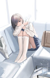 1girl absurdres arms_on_knees aruhi_(pyxk7325) bag blue_bow blue_bowtie blue_eyes blue_skirt bow bowtie brown_bag closed_mouth closed_umbrella collared_shirt commentary_request couch flower full_body glass glass_table glint grey_hair highres holding holding_flower hugging_own_legs indoors kneehighs knees_up light_smile long_hair long_sleeves looking_at_viewer no_shoes on_couch original panties pleated_skirt school_bag school_uniform shirt sitting skirt socks solo split_mouth table umbrella underwear upskirt white_flower white_panties white_shirt white_socks white_theme white_umbrella window
