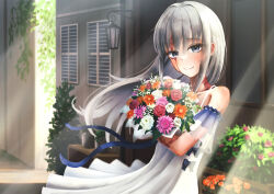 1girl bare_shoulders bouquet bow burn_scar commentary commentary_request dorei_to_no_seikatsu_~teaching_feeling~ dress dress_bow english_commentary flower grey_eyes grey_hair highres holding holding_bouquet long_hair looking_at_viewer mixed-language_commentary outdoors scar scar_on_arm scar_on_face sidelocks smile solo sundress sunlight sylvie_(dorei_to_no_seikatsu) town unrann wall_lamp white_dress window