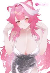1girl animal_ears blush breasts cleavage collarbone dress glitter_dress grey_dress hair_intakes hands_up highres hololive hololive_english large_breasts long_hair looking_at_viewer miychi multicolored_hair panther_ears panther_girl panther_tail paw_pose pink_hair raora_panthera side_slit simple_background sleeveless sleeveless_dress solo streaked_hair tail tight_clothes tight_dress two-tone_hair virtual_youtuber white_background yellow_eyes