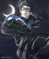 1boy ass bara batman_(series) black_bodysuit black_hair blue_bodysuit bodysuit crescent_moon dc_comics dick_grayson domino_mask highres large_pectorals lying male_focus mask moon muscular muscular_male night night_sky nightwing nipples on_side otokobara outdoors parted_lips pectorals shiny_clothes short_hair sky solo star_(sky) taut_bodysuit taut_clothes thick_thighs thighs torn_bodysuit torn_clothes twitter_username two-tone_bodysuit