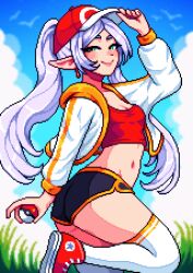 1girl aseprite_(medium) ass bird blue_sky breasts cloud commentary converse cosplay dolphin_shorts english_commentary frieren grass green_eyes hat highres holding holding_poke_ball jacket long_hair looking_at_viewer midriff navel nintendo open_clothes open_jacket outdoors paid_reward_available parted_bangs pixel_art pointy_ears poke_ball pokemon shorts sky small_breasts smile solo sousou_no_frieren thighhighs twintails white_hair white_thighhighs yumykon
