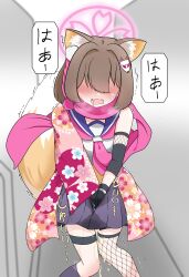 1girl absurdres animal_ears blue_archive blush brown_hair drooling female_focus fox_ears fox_tail gloves highres izuna_(blue_archive) japanese_text lmc_(pivix) open_mouth pee peeing skirt solo standing steam tail thighhighs trembling wet wet_clothes