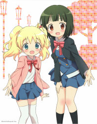 Rule 34 | 2girls, :d, absurdres, alice cartelet, artist name, black jacket, black socks, blonde hair, blue eyes, blue skirt, brown eyes, cardigan, collared shirt, feet out of frame, green hair, hair ornament, hand on own thigh, highres, jacket, kin-iro mosaic, long sleeves, looking at viewer, miniskirt, moegi high school uniform, multiple girls, non-web source, official art, oomiya shinobu, open cardigan, open clothes, open jacket, open mouth, pink cardigan, pleated skirt, reaching, reaching towards viewer, scan, school uniform, shirt, short hair, skirt, smile, socks, standing, thighhighs, twintails, ueta kazuyuki, white shirt, white thighhighs, winter uniform
