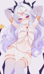 1girl ahoge blue_archive blush breasts demon_girl demon_horns demon_wings highres hina_(blue_archive) horns karaage_(xxxmido02) long_hair looking_at_viewer navel purple_eyes small_breasts solo very_long_hair white_hair wings
