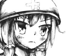 1girl a-ha blush chinese_commentary close-up closed_mouth commentary_request cookie_(touhou) frown hair_tubes hakurei_reimu helmet highres motorcycle_helmet mushroomsucy reu_(cookie) short_hair sidelocks simple_background solo take_on_me_(a-ha) touhou v-shaped_eyebrows