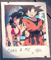 Rule 34 | 1boy, 1girl, absurdres, beach, bikini, black hair, blue sash, blurry, blurry background, breasts, closed eyes, cowboy shot, dougi, dragon ball, dragonball z, fang, highres, lucia (scott malin), medium breasts, medium hair, ocean, open mouth, orange pants, orange shirt, original, pants, photo (object), purple bikini, sand, sash, scott malin, shirt, son goku, spiked hair, swimsuit, v
