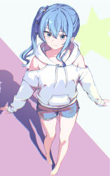 1girl blue_eyes blue_hair blush closed_mouth clothing_cutout commentary_request denim denim_shorts drawstring full_body hair_ribbon highres hololive hood hoodie hoshimachi_suisei kurony_(sirony) ribbon short_shorts shorts shoulder_cutout side_ponytail smile solo standing star_(symbol) star_in_eye symbol_in_eye thighs virtual_youtuber white_hoodie