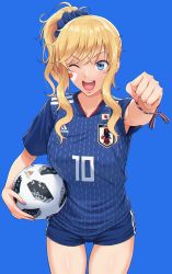 1girl 2018_fifa_world_cup :d adidas ball blonde_hair blue_eyes blue_shorts clenched_hand commentary cowboy_shot facepaint facing_viewer fifa highres holding holding_ball idolmaster idolmaster_cinderella_girls japan japanese_flag jersey logo long_hair nigou ohtsuki_yui one_eye_closed open_mouth outstretched_arm ponytail scrunchie shirt short_shorts shorts sidelocks smile soccer soccer_ball soccer_uniform sportswear telstar_18 thigh_gap thighs wavy_hair world_cup
