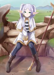 Rule 34 | 1girl, against rock, black pantyhose, boots, brown boots, capelet, closed mouth, earrings, elf, eyelashes, frieren, full body, green eyes, hair over shoulder, highres, jewelry, long hair, long sleeves, looking at viewer, mage staff, outdoors, pantyhose, parted bangs, pointy ears, short eyebrows, sitting, solo, sousou no frieren, straight hair, teardrop earrings, thick eyebrows, tsunkyunn, twintails, white capelet, white hair, wide sleeves
