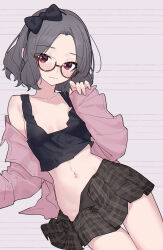1girl black_bow black_tank_top blush bow brown_skirt chinese_commentary commentary_request ebizuka_tomo girls_band_cry glasses grey_hair hair_bow highres looking_at_viewer midriff navel no_panties open_clothes open_shirt pink_shirt plaid_clothes plaid_skirt red-framed_eyewear red_eyes semi-rimless_eyewear shirt short_hair skirt sleeves_past_wrists solo tank_top under-rim_eyewear wavy_mouth yun_cao_bing