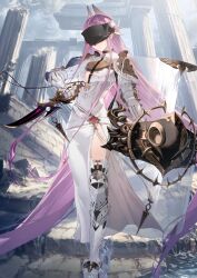 1girl absurdly_long_hair armor armored_boots armored_gloves boobplate boots breastplate breasts chain chrysaor_(fate) cleavage_cutout closed_mouth clothing_cutout covered_eyes crossed_ankles dress expressionless fate/grand_order fate_(series) front_slit game_cg gloves hand_up head-mounted_display head_tilt high_collar high_heel_boots high_heels holding holding_knife holding_shield holding_weapon hotosoka_(user_nxja5583) knife legs_together long_dress long_hair long_sidelocks long_sleeves medusa_(fate) medusa_(saber)_(fate) medusa_(saber)_(second_ascension)_(fate) official_art puffy_long_sleeves puffy_sleeves purple_hair reverse_grip ruins shield shoulder_armor sidelocks small_breasts solo standing thigh_boots third-party_source variant_set very_long_hair very_long_sidelocks weapon white_boots white_dress white_gloves