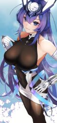 1girl absurdres azur_lane bare_shoulders blue_eyes blue_hair bodystocking breasts clothes_tug commentary_request feet_out_of_frame hair_between_eyes highres kerla large_breasts long_hair looking_at_viewer new_jersey_(azur_lane) smile solo very_long_hair
