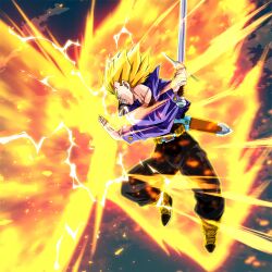 Rule 34 | 1boy, aura, blonde hair, dragon ball, dragon ball legends, ki blast, lightning, official art, serious, solo, super saiyan, sword, trunks (dragon ball), trunks (future) (dragon ball), weapon