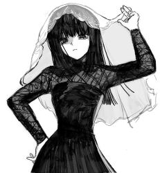 akemi_homura black_dress black_eyes black_hair closed_mouth dress hand_on_own_hip hand_up highres mahou_shoujo_madoka_magica simple_background sn37dj veil white_background white_veil