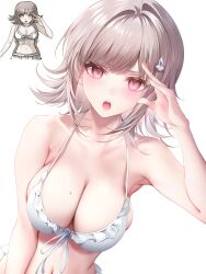 1girl absurdres arm_up bare_arms bikini blurry blurry_background breasts cleavage collarbone commentary danganronpa_(series) danganronpa_2:_goodbye_despair grey_hair grey_sky highres junpaku_karen large_breasts looking_at_viewer mole mole_on_breast nanami_chiaki navel open_mouth pink_hair reference_inset salute short_hair simple_background skindentation sky solo spaceship_hair_ornament swimsuit teeth upper_teeth_only white_background white_bikini