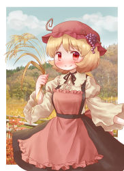 1girl aki_minoriko apron arinu black_ribbon blonde_hair blush cloud commentary_request day female_focus fence food-themed_hair_ornament grape_hair_ornament hair_ornament hat highres long_sleeves looking_at_viewer mob_cap neck_ribbon outdoors red_eyes ribbon short_hair sky smile solo touhou tree wheat wooden_fence
