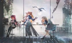3girls absurdres anniversary aqua_eyes artist_name bar_stool black_footwear black_gloves black_jacket black_pantyhose blonde_hair blue_jacket blueblossom boots brown_hair centaureissi_(girls&#039;_frontline_2) coffee_maker commentary cup english_commentary english_text g36_(girls&#039;_frontline) girls&#039;_frontline girls&#039;_frontline_2:_exilium gloves green_eyes happy_anniversary highres holding holding_cup indoors jacket long_hair looking_at_viewer maid makiatto_(girls&#039;_frontline_2) multiple_girls necktie non-humanoid_robot pants pantyhose purple_hair red_eyes red_necktie robot robot_animal robot_bird sitting springfield_(girls&#039;_frontline) standing stool table vegetation wa2000_(girls&#039;_frontline) white_footwear white_gloves white_pants