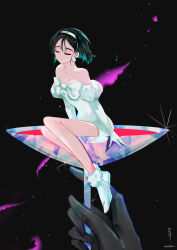 Rule 34 | 2girls, aedelish, alien stage, black background, black gloves, black hair, bob cut, boots, bow, chest bow, closed eyes, closed mouth, cocktail glass, commentary, cup, dress, drinking glass, earrings, elbow gloves, english commentary, fur-trimmed boots, fur trim, gloves, hairband, highres, holding, holding cup, jewelry, juliet sleeves, long sleeves, mini person, minigirl, mizi (alien stage), multiple girls, off-shoulder dress, off shoulder, pearl earrings, puffy sleeves, short hair, signature, smile, solo focus, star (sky), sua (alien stage), white boots, white bow, white dress, white gloves, white hairband