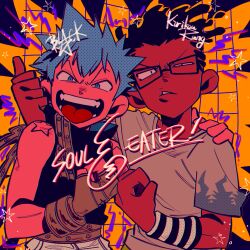 Rule 34 | 2boys, black star, blue hair, character name, copyright name, cropped legs, dark-skinned male, dark skin, fist bump, friends, glasses, highres, hug from side, kilik lunge, larugo0513, multiple boys, open mouth, rectangular eyewear, scowl, smile, soul eater, spiked hair, star tattoo, style request, tattoo, thumbs up, tongue, tongue out