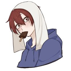 1boy blue_hoodie commentary_request cropped_torso drawstring food food_in_mouth haikyuu!! hair_between_eyes hair_down highres hood hood_down hoodie looking_at_viewer male_focus natade_kou09 popsicle popsicle_in_mouth red_eyes red_hair simple_background solo tendou_satori towel towel_on_head wet wet_hair white_background