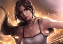 1girl brown_eyes brown_hair camisole female_focus lara_croft long_hair looking_at_viewer portrait realistic solo the_art_mage tomb_raider tomb_raider_(reboot)