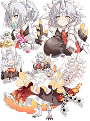 2girls :t absurdres apron basarios breasts clawed_feet drooling eating full_body gem gravios highres horns large_breasts maid maid_apron maid_headdress monster_girl monster_hunter_(series) mother_and_daughter multiple_girls multiple_views necktie personification red_necktie single_horn sleeves_past_wrists tail umitsuki white_hair yellow_eyes