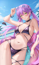 1girl absurdres adjusting_eyewear alternate_costume arm_up aviator_sunglasses barbell_piercing bikini black_bikini black_collar blue_sky blush braid breasts cleavage cloud collar colored_inner_hair commentary_request day demon_girl demon_tail ear_piercing eyewear_on_head gluteal_fold gradient_hair green_eyes grin hair_ornament hair_ribbon hairclip halterneck heart heart_hair_ornament heart_o-ring highres hololive industrial_piercing long_hair looking_at_viewer multi-strapped_bikini_bottom multi-strapped_bikini_top multicolored_hair navel navel_piercing o-ring o-ring_bikini on_innertube outdoors piercing pink_hair pointy_ears purple-tinted_eyewear purple_hair ribbon shinigami_kiraki side-tie_bikini_bottom side_braid sitting sky smile solo spike_piercing stomach sunglasses swim_ring swimsuit tail thigh_strap tinted_eyewear tokoyami_towa twintails very_long_hair virtual_youtuber wet