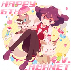 1girl 33lol :o animal_ears black_pants blush blush_stickers bone bowl burgundy_(pokemon) can canned_food character_name creatures_(company) dog_ears fang full_body game_freak gen_5_pokemon gen_7_pokemon hand_up happy_birthday highres knees_together_feet_apart leash lillipup looking_at_viewer nintendo pants pet_bowl pet_food poke_ball poke_puff pokeblock pokemon pokemon_(anime) pokemon_(creature) pokemon_bw_(anime) pokepuff purple_eyes purple_footwear purple_hair rawhide rockruff simple_background thick_eyebrows tin vest white_background