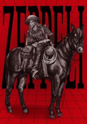 1boy beard belt belt_buckle bridal_gauntlets buckle cape commentary cowboy_hat facial_hair greyscale_with_colored_background gyro_zeppeli hand_on_own_hip hat highres horseback_riding jojo_no_kimyou_na_bouken lay_llll long_hair male_focus monochrome red_background riding short_sleeves steel_ball_run valkyrie_(jojo)