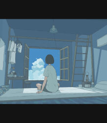 1girl alarm_clock arm_support barefoot bed bedroom blue_sky blue_theme bob_cut book chinese_commentary clock cloud commentary contrail day desk desk_lamp drying drying_clothes from_behind grey_shirt grey_shorts hanging_light highres indian_style indoors kerosene_lamp ladder lamp letterboxed limited_palette ma_(mamamauuuuu) on_bed open_window original pile_of_books pillow radio shadow shirt short_hair shorts sitting sky slice_of_life socks solo unworn_shirt unworn_socks white_socks wide_shot window wooden_floor wooden_stool