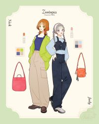 2girls genderswap green_eyes green_shirt highres humanization judy_hopps long_sleeves looking_at_viewer meecosme multiple_girls necktie nick_wilde open_mouth pants police police_badge police_uniform policewoman purple_eyes shirt short_hair striped_necktie zootopia