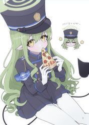 1girl armband black_jacket black_skirt blue_archive cropped_jacket demon_tail eating food gloves green_hair halo hat highres hikari_(blue_archive) holding holding_food holding_pizza jacket long_hair looking_at_viewer pale_skin pantyhose peaked_cap pizza pizza_slice pleated_skirt pointy_ears simple_background skirt solo tail wavy_hair white_background white_gloves white_pantyhose yakitori_egg yellow_eyes