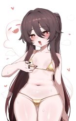 1girl absurdres bikini black_nails blush boo_tao_(genshin_impact) breasts brown_hair cameltoe collarbone flower-shaped_pupils genshin_impact ghost gluteal_fold gold_bikini golden_week golden_week_bikini hahyaha hair_between_eyes heart highres hu_tao_(genshin_impact) jewelry long_hair looking_at_viewer multiple_rings navel open_mouth red_eyes ring shiny_swimsuit small_breasts smile sweat swimsuit symbol-shaped_pupils thigh_gap thighs twintails very_long_hair white_background