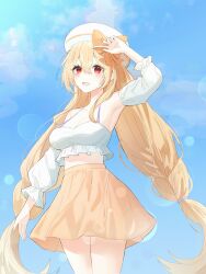 1girl absurdres arm_up armpits bare_shoulders blonde_hair boong0619 breasts cleavage commission cowboy_shot crop_top detached_sleeves frilled_shirt frills hat high-waist_skirt highres lens_flare long_hair looking_at_viewer low_twintails medium_breasts midriff open_mouth orange_skirt original red_eyes shading_eyes shirt skirt sleeveless sleeveless_shirt smile solo twintails very_long_hair white_hat white_shirt