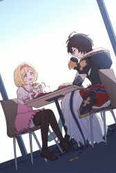 1boy 1girl ahoge arm_on_table black_hair black_shoes blonde_hair blush boots brown_eyes brown_shoes burger crossed_legs cup disposable_cup djeeta_(granblue_fantasy) dress drinking_straw food granblue_fantasy hairband highres holding holding_burger holding_cup holding_food on_chair p_okate pink_dress pink_hairband red_eyes sandalphon_(granblue_fantasy) shoes short_hair sitting smile table thigh_boots