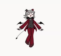1girl animated brown_shoes closed_eyes floating formal_clothes grey_hair horns midair odayaka pants red_pants red_shirt shirt shoes spinning suit tagme tail tententengokujigokugoku_(aiobahn) video wings