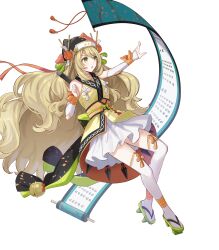 1girl ankle_wrap bare_shoulders bell blonde_hair bow celine_(fire_emblem) celine_(ninja)_(fire_emblem) detached_sleeves fire_emblem fire_emblem_engage fire_emblem_heroes flower geta green_eyes green_footwear hair_ornament hair_stick highres japanese_clothes long_hair looking_to_the_side ninja nintendo non-web_source official_alternate_costume official_art open_mouth orange_bow orange_flower orange_trim scroll shuriken skirt solo star_(symbol) star_hair_ornament tabi tassel tassel_hair_ornament thighhighs very_long_hair weapon white_skirt white_sleeves white_thighhighs wrist_bow
