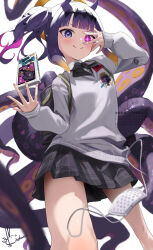 Rule 34 | 1girl, ao-chan (ninomae ina&#039;nis), black ribbon, black skirt, blue eyes, blunt bangs, closed mouth, collared shirt, contrapposto, eyepatch, glowing, glowing eye, gradient hair, grey sweater, halo, hand over eye, hand up, highres, hololive, hololive english, kito koruta, looking at viewer, medical eyepatch, miniskirt, mole, mole under eye, multicolored hair, neck ribbon, ninomae ina&#039;nis, ninomae ina&#039;nis (school uniform), official alternate costume, official alternate hairstyle, orange hair, plaid clothes, plaid skirt, pleated skirt, pointy ears, purple hair, ribbon, shirt, sidelocks, simple background, skirt, sleeves past wrists, smile, solo, sweater, tentacle hair, tentacles, v-neck, virtual youtuber, white background, white shirt